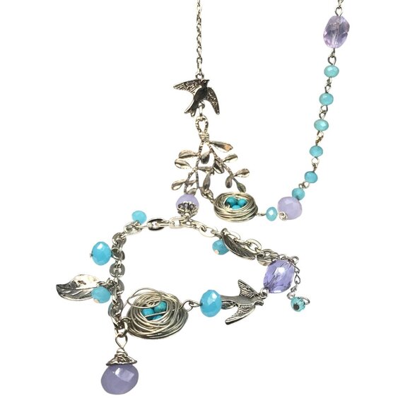 Asymmetrical Bib Necklace with Bird in Flight, Leaves and Robins Egg Nest, Match - Picture 1 of 3